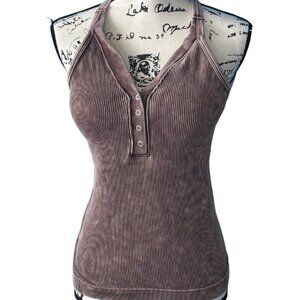 Kali Rose Brown Americano Padded Open Back Tank 1X/2X Ribbed Acid Wash